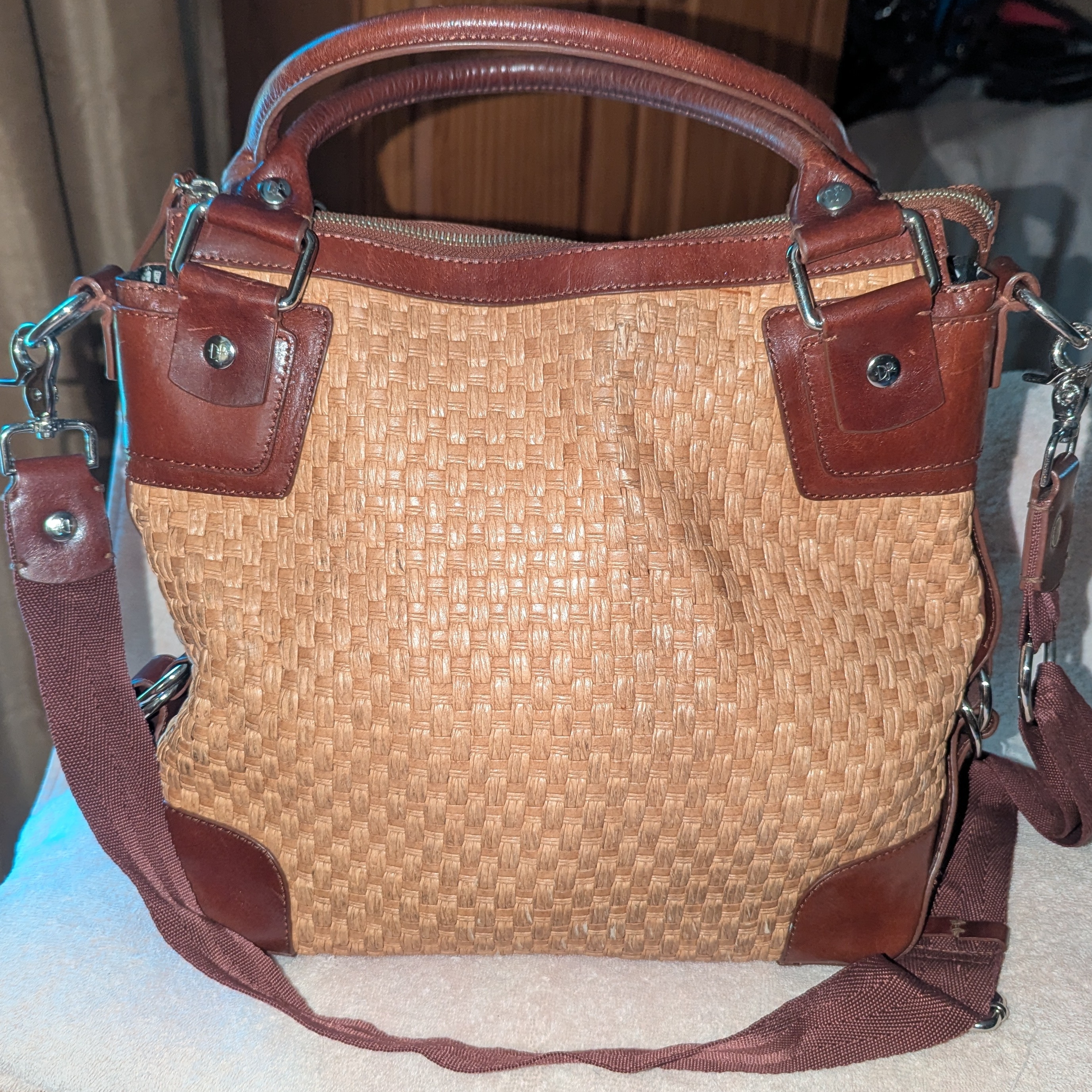 Donald J. Pliner Strawtan And Brown Leather Shoulder Bag